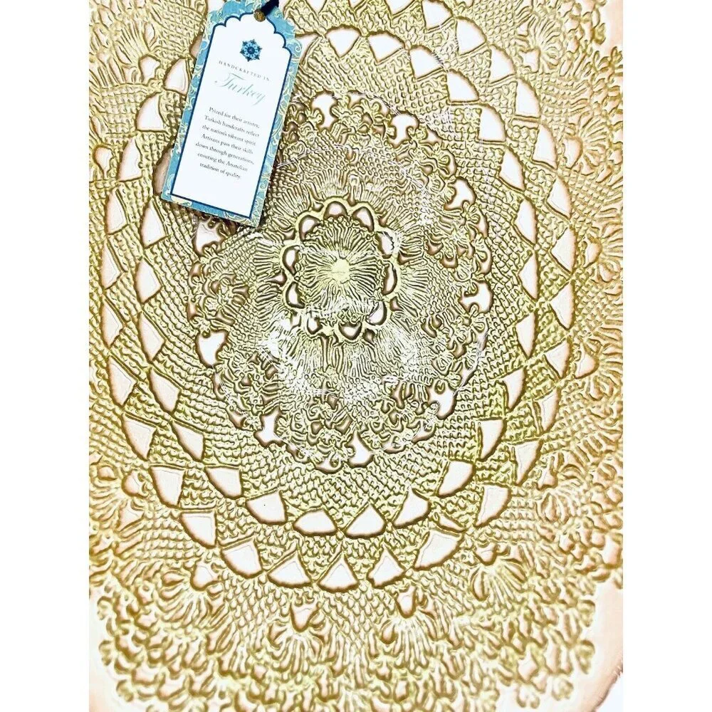 Turkish Glass Pink Oval Bowl Serving Salad Dinner Gold Lace Print Handmade NWT